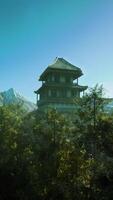 A painting of a pagoda in the middle of a forest video