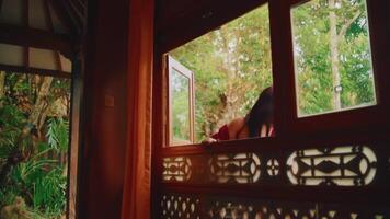 Tranquil view through an ornate wooden window frame overlooking a lush green garden, conveying serenity and natural beauty. video