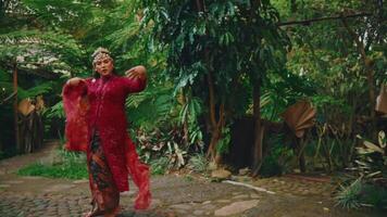 Elegant woman in red dress walking through a lush garden after rain, with vibrant greenery video