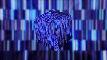 An extravagant cube artifact, mysterious Pandora's box. Motion. 3D opening glowing digital box on striped shimmering background. video