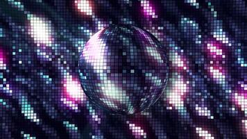 Bright background with rotating disco ball. Motion. Disco background with brilliant iridescent colors and rotating ball. Disco ball with beautiful color shimmers on repeating background video