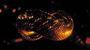 3D spiral with shiny squares. Motion. Looped moving spiral of sequins on dark background. 3D spiral in form of infinity sign with shiny mosaics video