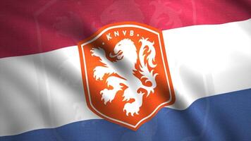 Netherlands national football team flag, abstract fabric with ripples. Motion. Red, white, and blue flag with the lion on the coat of arms. For editorial use only. video