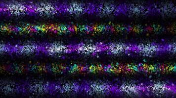 Multicolored stripes with pixels and interference. Motion. Striped colorful lines with black emit electronic light. Radiation from colorful striped lines with noise and falling white particles video