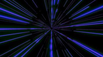 Slow space tunnel with neon lines. Design. Galactic tunnel with long shimmering lines. Spatial new lines are flashing in tunnel on black background video