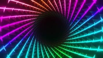 Psychedelic spiral is spinning fast. Design. Rainbow stripes rotate rapidly with hypnotic effect. Colorful lines spiral around black hole video