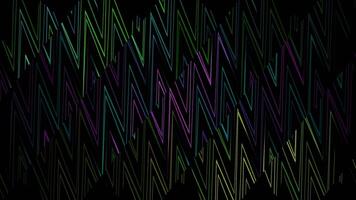 Multicolored zigzag stripes background divided into moving segments, seamless loop. Design. Decorative wall with flowing geometric shapes formed by triangular neon lines. video