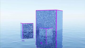 Abstract blue and white cubes with pink silhouettes standing on liquid water surface with ripples. Design. Geometric figure colorful abstraction. video