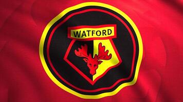 Flag of English football club. Motion. Bright developing flag with logo of football club. Flag of football club in Watford video