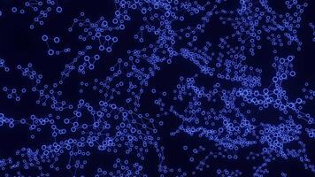 negro antecedentes. diseño. azul brillante moléculas en abstracción en un negro antecedentes correr alrededor en diferente lugares en abstracción. video