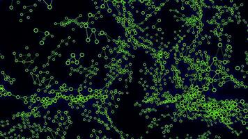 in beweging dots met kettingen Aan zwart achtergrond. ontwerp. in beweging kettingen met bacterie onder microscoop. infectie of ziekte onder microscoop met leven dots en kettingen video