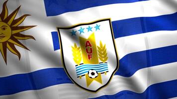 National football team on national flag. Motion. Moving beautiful flag with logo of football team. Flag from Uruguay national football team video