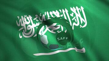 saudita arábia nacional futebol equipe acenando bandeira, desatado laço. movimento. verde acenando bandeira, branco inscrição e a sabre. para editorial usar apenas. video