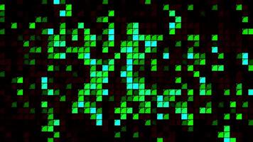 Motion abstract background with green pixels flashing and blinking on a black background, seamless loop. Motion. Colorful dance of randomly blinking squares. video