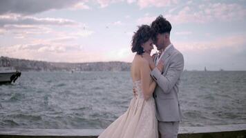 recién casados en antecedentes de ondas. acción. hermosa recién casados son en pie en muelle en antecedentes de mar en Ventoso clima. recién casados abrazo en antecedentes de oleada de olas a muelle video