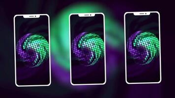 Abstract smartphones with colorful rotating spiral. Motion. Presentation of new high quality smartphones, concept of modern technologies and design. video