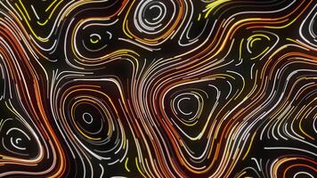 Topographic pattern with neon lines. Motion. Beautiful neon lines move in curved streams creating oval patterns. Wood or marble pattern of neon lines video