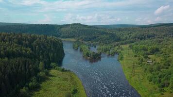 The view from the drone. Clip. A big summer pond and a forest around it and big green trees and a blue sky overhead. video