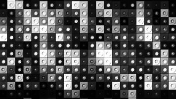 Huge amount of randomly moving cubes with circles inside them, seamless loop, black and white. Motion. Monochrome blinking squares wall. video