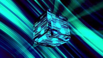 Abstract glowing cube with blue rays of light. Motion. Striped neon cubic shapes falling apart on shimmering background. video