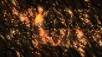 Abstract animated pixel background with a spinning golden glow disco ball. Motion. A sphere composed of cubes crystals with shinny streaks of light and shards of crystals rotating around and video