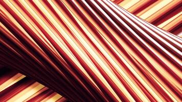 Orange and red spinning 3D tube covered by twisting glowing lines, seamless loop. Motion. Diagonal colorful stripes flowing slowly behind rotating big tube. video