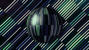 Retro old fashioned disco background with rotating sphere. Motion. Disco ball made of narrow glassy reflective narrow lines on diagonal stripes shimmering background, seamless loop. video