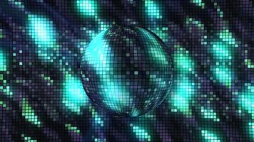 Abstract pixelated spinning bright sphere with the million of glowing particles on a black background, seamless loop. Motion. Rotating round shaped 3D object with glass reflective shards Abstract video