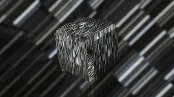 Futuristic black and white cube. Motion. Shimmering striped cube in cyberspace. Mysterious 3D cube is revealed in virtual space video