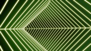 Fast moving triangular tunnel. Design. Triangular swirling tunnel with neon lines. Cyber jump in neon tunnel with stripes video