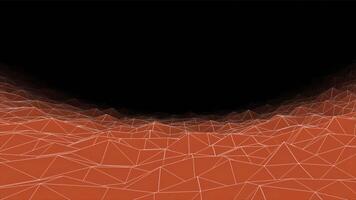 Flying above plexus grid landscape on a dark background, seamless loop. Animation. Futuristic background with uneven bright surface. video