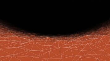 Flying above plexus grid landscape on a dark background, seamless loop. Animation. Futuristic background with uneven bright surface. video