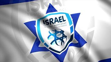 Emblem of national football team on flag of country. Motion. Beautiful image of football team logo on flag of country. Emblem of Israeli national football team video