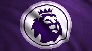 Waving abstract flag with the logo of the new English Premier League. Motion. A lion with a crown inside a circle. For editorial use only. video