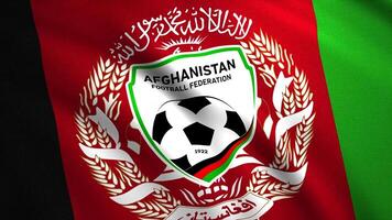 Afghanistan national football team flag with vertical colorful stripes and the emblem with a ball. Motion. Concept of sports games, seamless loop. For editorial use only. video