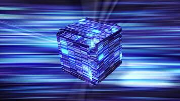 Glowing colored cube in cyberspace. Motion. Futuristic striped cube is laid out and assembled in cyberspace. Striped shimmering cube with emptiness inside video