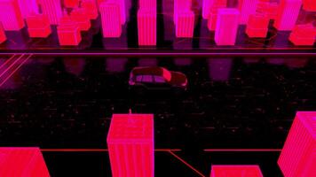 moderno resumen ciudad calle con un solitario coche paso por el edificios animación. visualización de un 3d pueblo en rosado colores con un vehículo Moviente hacia atrás. video