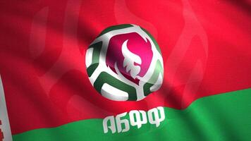 Wavy cloth background of the Belarusian football federation. Motion. Green and red rippling flag with the ball emblem, seamless loop. For editorial use only. video