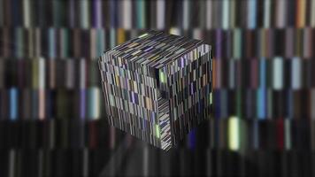 Glowing box opens in cyberspace. Motion. Futuristic empty cube opens on background shimmering striped backdrop. 3D cube opens in computer gaming space video