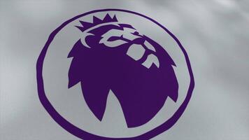 Waving abstract flag with the logo of the new English Premier League. Motion. A lion with a crown inside a circle. For editorial use only. video