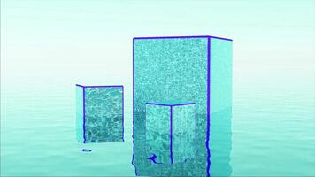 Abstract colorful background with bright three cubes standing on water surface. Design. Blue 3D cubic figures with rough surface in surreal landscape. video