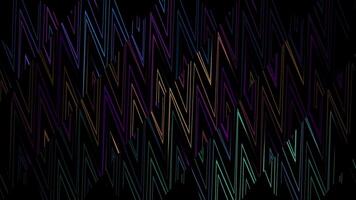 Multicolored zigzag stripes background divided into moving segments, seamless loop. Design. Decorative wall with flowing geometric shapes formed by triangular neon lines. video