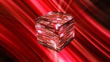 Futuristic glowing cube on striped background. Motion. Glowing striped cube on background of colorful lines. Futuristic cube hanging in cyberspace video