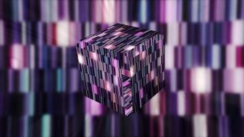 Shimmering 3D cube in cyberspace. Motion. Bright striped cube shimmers on striped background. 3d cube glows in cyberspace video