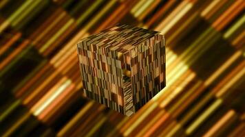 Shimmering 3D cube in cyberspace. Motion. Bright striped cube shimmers on striped background. 3d cube glows in cyberspace video