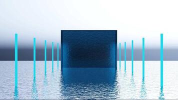 3D cube on surface of water. Design. Japanese-style animation with water structure and sticks in water.Colored cube reflecting slow ripples of water surface in virtual 3D space video