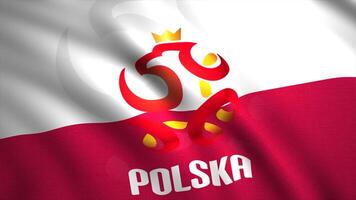 Abstract white and red flag with an eagle silhouette fluttering in the wind. Motion. Poland national football team logotype. For editorial use only. video