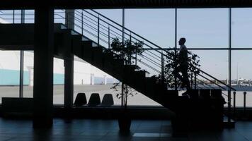 Side view of dark stairs hidden in the shadow with walking people. HDR. Silhouette of stairs decorated by plants in front of panoramic windows. video