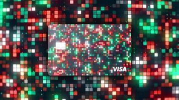 dinero, finanzas, pagos concepto, 3d animación con nuevo visa crédito tarjetas movimiento. presentación de un nuevo vistoso pixelado diseño de crédito tarjetas en un Moviente mosaico antecedentes. video