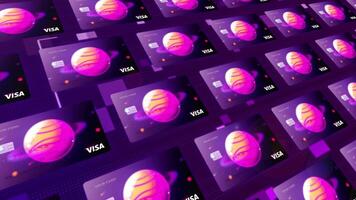 Rows of new virtual visa banc credit cards. Motion. Special card design with a cosmic background and a space planet. video